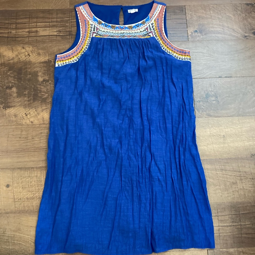 Westport Blue Gauzy Sleeveless Embroidered Beaded Mini Shift Dress Women’s L